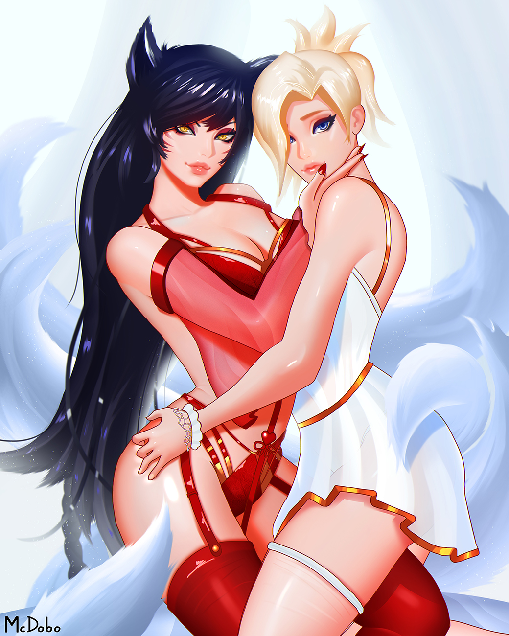 2girls ahri animal_ears bare_shoulders black_hair blue_eyes breasts cleavage collarbone cowboy_shot crossover detached_sleeves dress facial_mark fingernails fox_ears fox_girl fox_tail hair_over_one_eye hand_on_another's_thigh high_ponytail highres korean_clothes league_of_legends lips long_hair looking_at_viewer mcdobo medium_breasts mercy_(overwatch) multiple_girls multiple_tails nail_polish no_wings overwatch red_legwear see-through slit_pupils tail thigh-highs very_long_hair whisker_markings white_dress white_legwear yellow_eyes