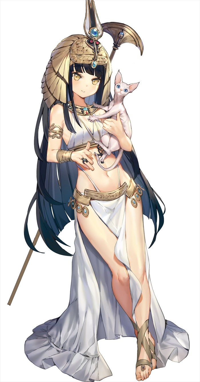 1girl armlet barefoot black_hair blue blue_eyes brown_eyes cat feet full_body gem groin headpiece highres holding_cat invisible_wall jewelry leaning_to_the_side light_smile long_hair looking_at_viewer navel nefertiti_(qurare) qurare_magic_library ring solo sphynx_(cat) staff standing very_long_hair white_cat whoisshe