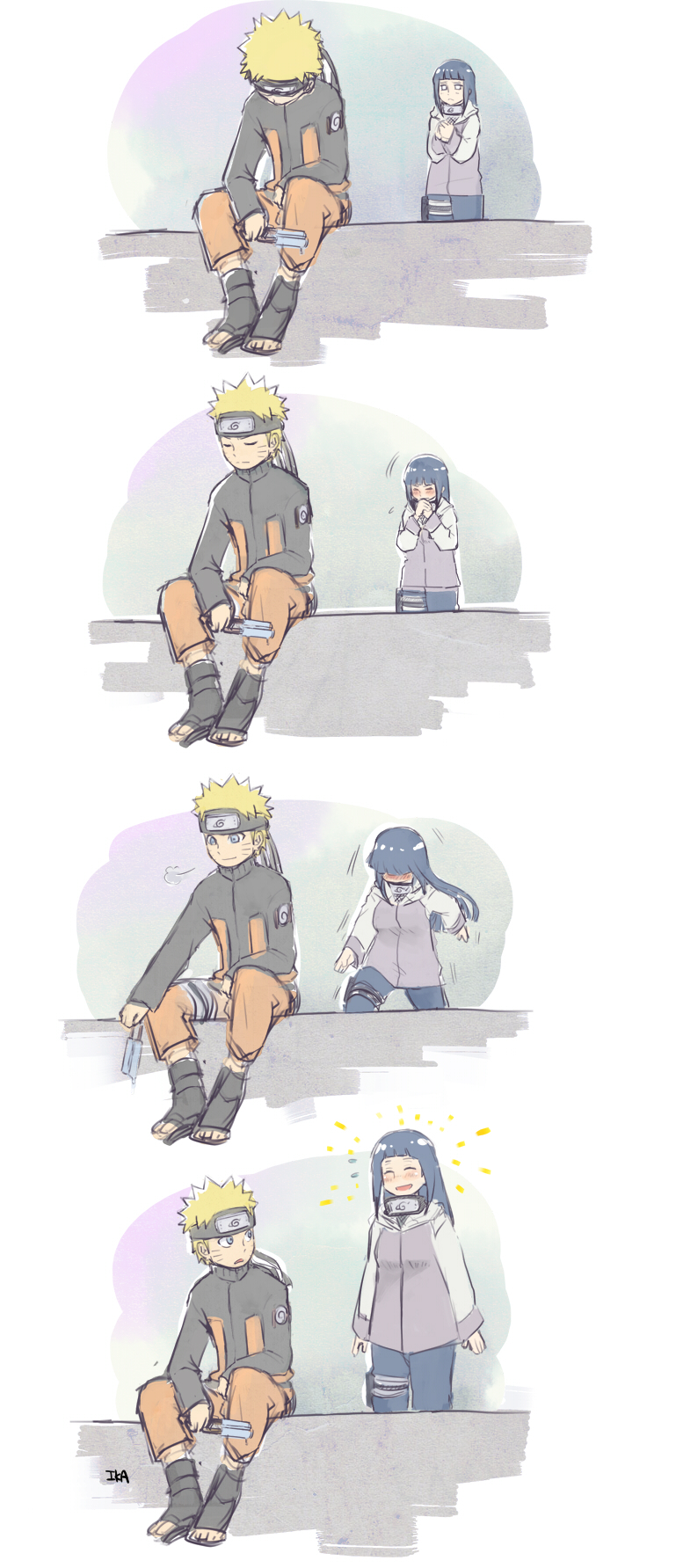 1boy 1girl artist_name black_hair blonde_hair blue_eyes comic food forehead_protector highres hyuuga_hinata ika_nrhn long_hair naruto naruto_shippuuden popsicle spiky_hair uzumaki_naruto whisker_markings white_eyes