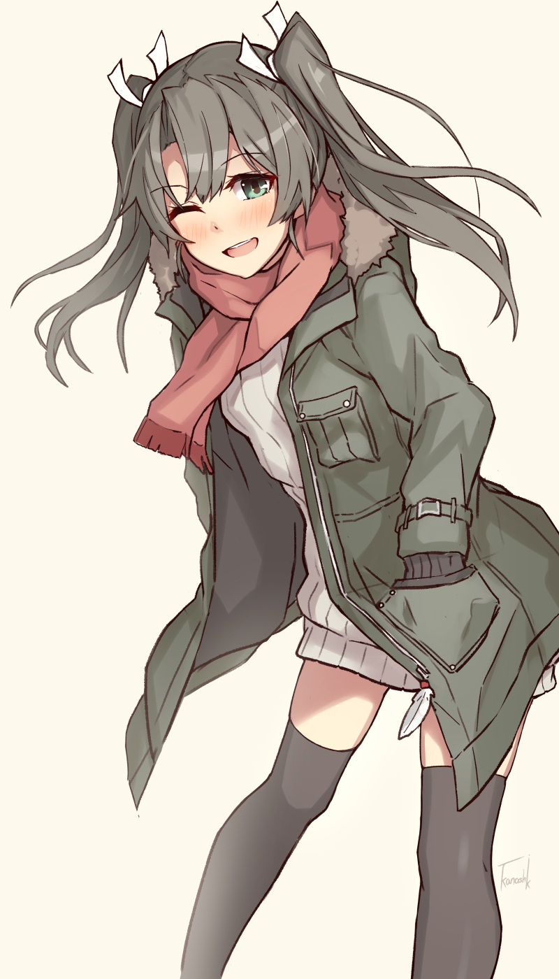 1girl alternate_costume black_legwear blush coat fur-trimmed_coat fur_trim green_coat green_eyes green_hair highres kantai_collection long_hair long_sleeves one_eye_closed open_mouth red_scarf scarf smile solo takanashi_kei_(hitsujikan) thigh-highs twintails zuikaku_(kantai_collection)