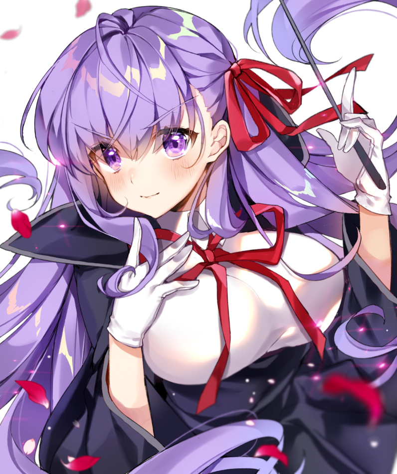 &gt;:) 1girl bb_(fate/extra_ccc) bow bowtie breasts cape commentary_request fate/extra fate/extra_ccc fate_(series) gloves hair_bow hair_ribbon holding large_breasts long_hair looking_at_viewer pingo purple_hair ribbon simple_background smile solo violet_eyes wand white_gloves