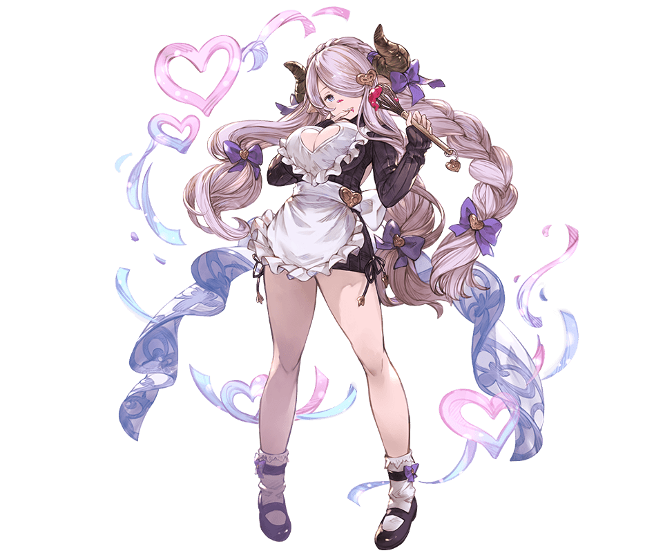 1girl apron bangs black_sweater blue_eyes bow braid breasts cleavage cleavage_cutout doraf full_body granblue_fantasy hair_bow hair_ornament hair_over_one_eye heart heart_hair_ornament holding horns large_breasts long_hair long_sleeves looking_at_viewer mary_janes minaba_hideo narumeia_(granblue_fantasy) official_art pink_hair pointy_ears purple_bow ribbed_sweater shoes socks solo sweater transparent_background underwear whisk white_legwear