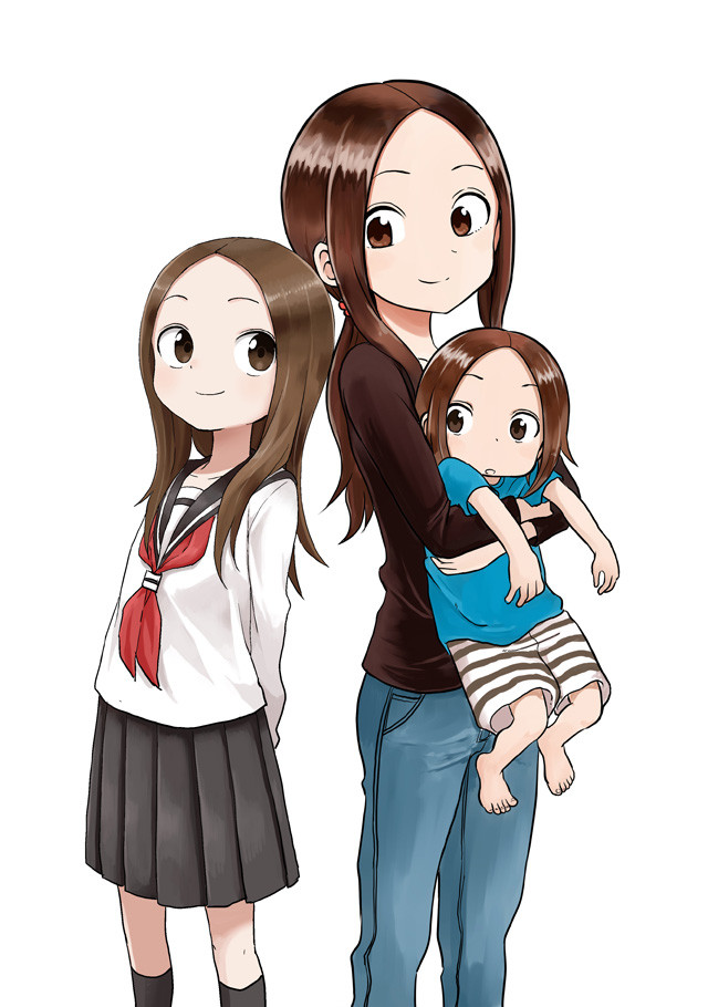 3girls bangs brown_eyes brown_hair closed_mouth dual_persona eyebrows_visible_through_hair full_body gym_shirt holding karakai_jouzu_no_(moto)_takagi-san karakai_jouzu_no_takagi-san long_hair looking_at_viewer mother_and_daughter multiple_girls nishikata_chii school_uniform serafuku shirt simple_background smile source_request spoilers standing takagi-san time_paradox white_background