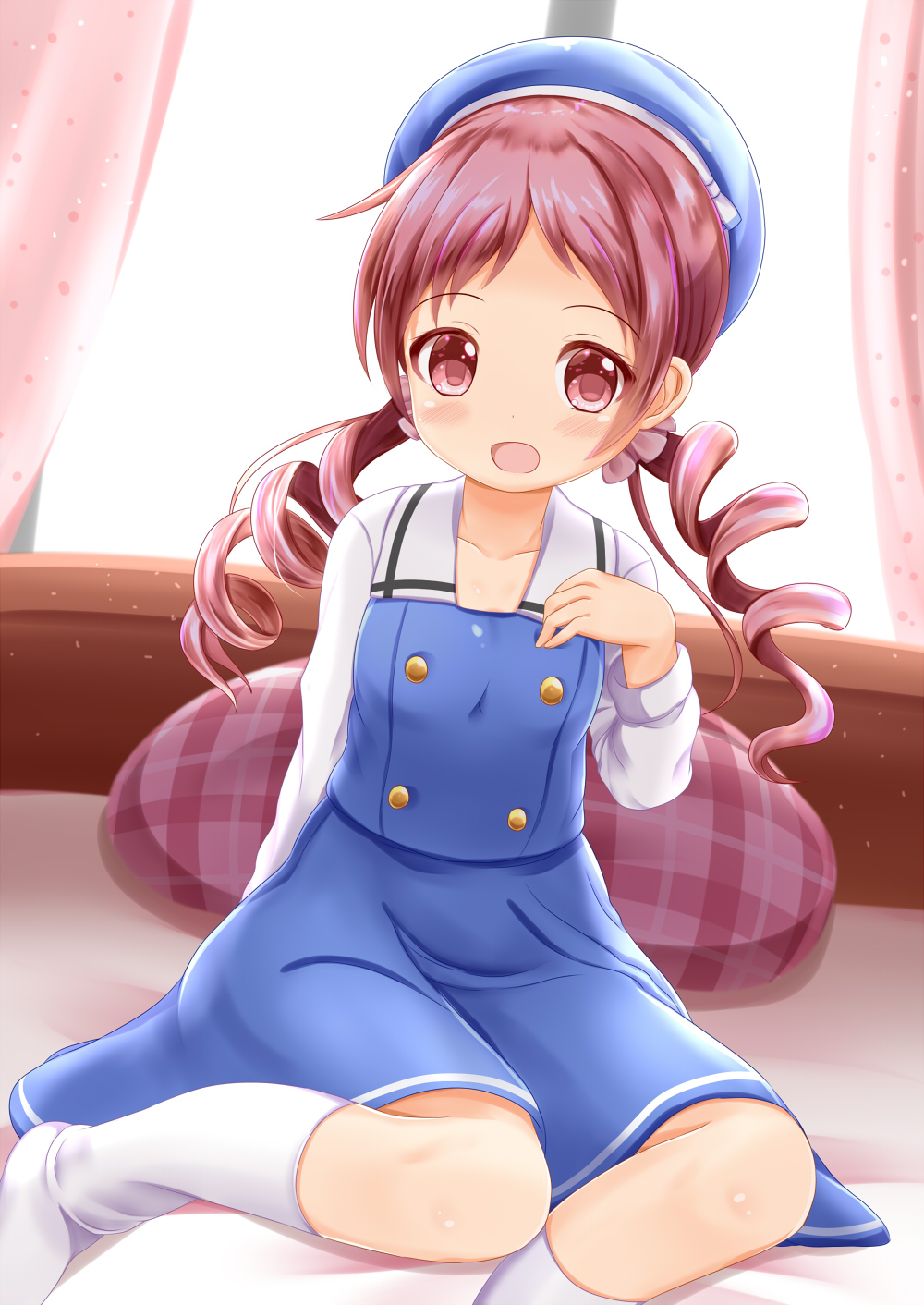 1girl :d bangs bed beret blue_hat blue_skirt blue_vest blush breasts brown_eyes brown_hair collarbone commentary_request curtains eyebrows_visible_through_hair gochuumon_wa_usagi_desu_ka? hat highres indoors kafuu_chino's_school_uniform kneehighs long_hair long_sleeves looking_at_viewer low_twintails natsu_megumi no_shoes on_bed open_mouth parted_bangs ringlets school_uniform shirt sidelocks skirt skirt_set small_breasts smile solo sunlight twintails vest white_legwear white_shirt window zenon_(for_achieve)