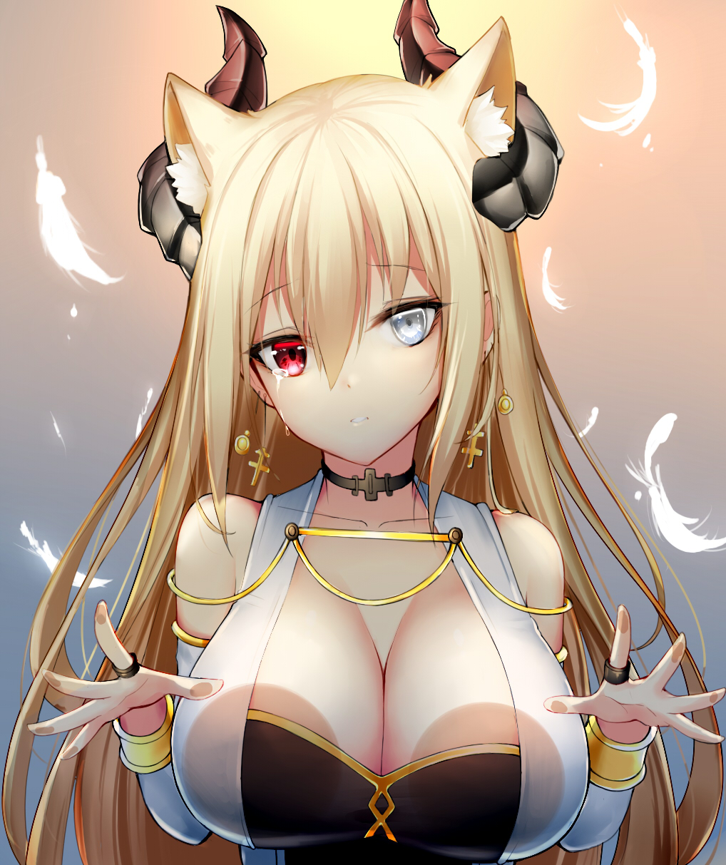 1girl against_glass animal_ears bangs bare_shoulders blonde_hair breasts brown_background cat_ears chixiao cleavage commentary_request crying crying_with_eyes_open curled_horns detached_sleeves earrings eyebrows_visible_through_hair feathers gradient gradient_background grey_background grey_eyes hair_between_eyes head_tilt heterochromia highres horns jewelry large_breasts long_sleeves looking_at_viewer original parted_lips red_eyes solo tears white_feathers