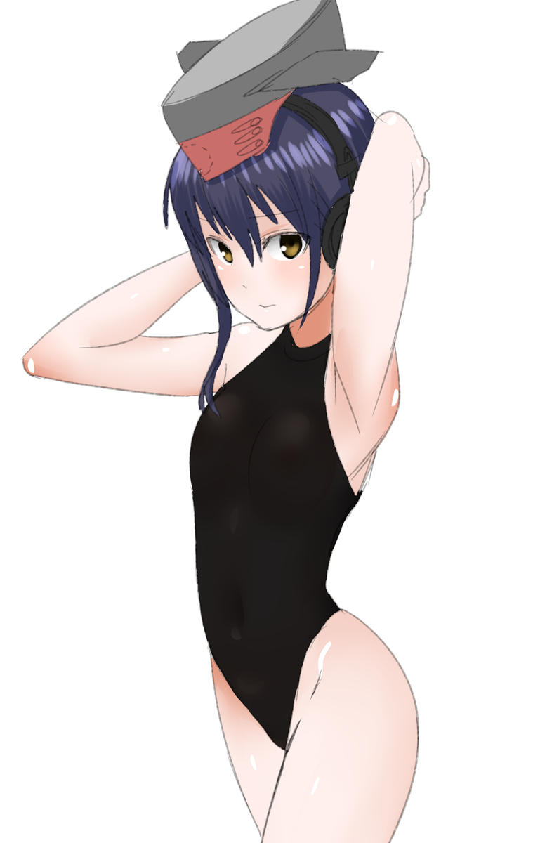 1girl 30-06 armpits asymmetrical_hair black_hair black_swimsuit brown_eyes competition_swimsuit covered_navel cowboy_shot hair_between_eyes hat headphones highres i-14_(kantai_collection) kantai_collection looking_at_viewer one-piece_swimsuit short_hair simple_background solo swimsuit white_background