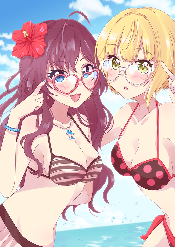 2girls :3 :d ahoge bangs beach bikini blonde_hair blue_eyes blue_nails blush breasts brown_hair cleavage clouds collarbone day earrings eyelashes flower green_eyes hair_flower hair_ornament halterneck heart heart-shaped_eyewear hibiscus ichinose_shiki idolmaster idolmaster_cinderella_girls jewelry long_hair looking_at_viewer medium_breasts miyamoto_frederica multiple_girls nail_polish naju_soreiyu necklace ocean open_mouth outdoors polka_dot polka_dot_bikini red-framed_eyewear red_nails short_hair sky smile striped striped_bikini striped_swimsuit swimsuit wavy_hair white-framed_eyewear