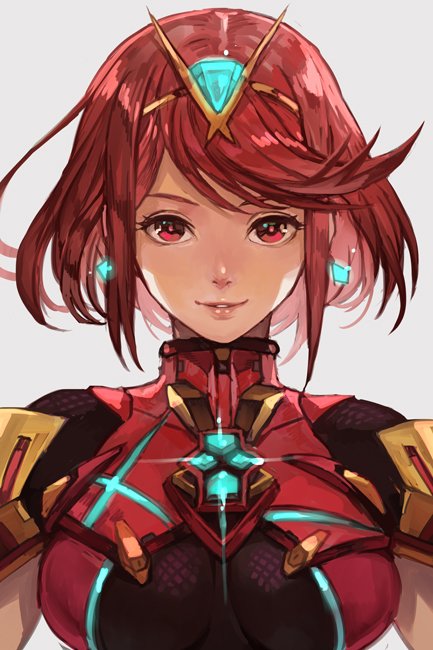 1girl earrings glowing hair_ornament hankuri pyra_(xenoblade) jewelry looking_at_viewer parted_lips red_eyes redhead short_hair simple_background smile solo tiara xenoblade xenoblade_2