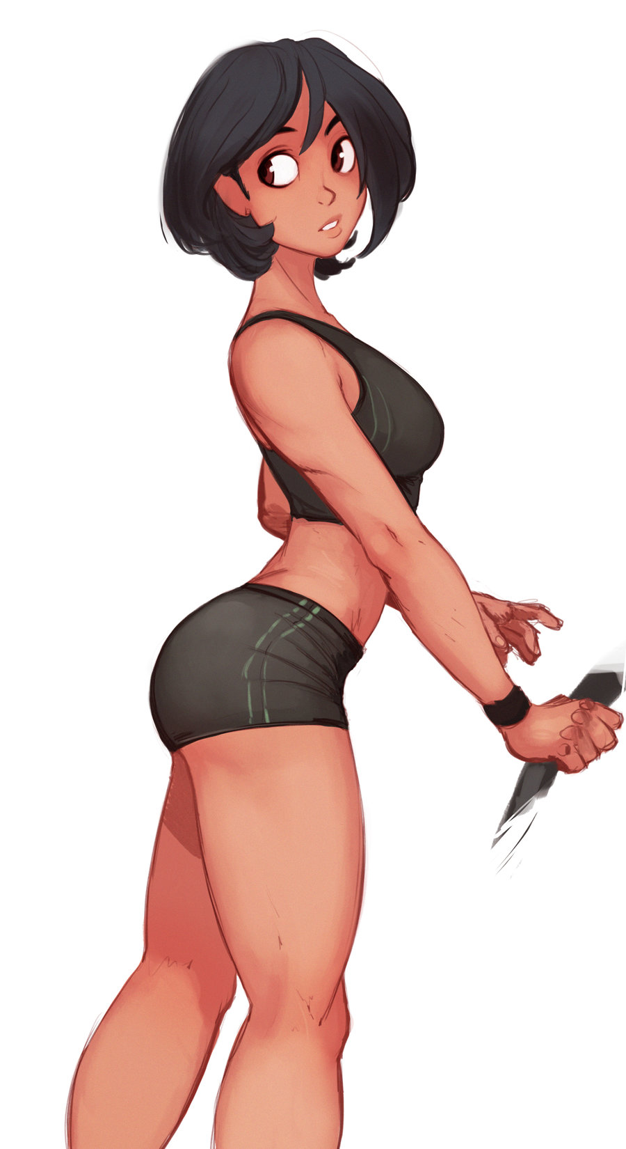 1girl arched_back bangs bare_arms bare_legs bare_shoulders bike_shorts black_hair black_shorts breasts brown_eyes carlos_eduardo dark_skin highres holding lips looking_away looking_back medium_breasts original parted_lips short_hair shorts simple_background solo sweatband thighs white_background