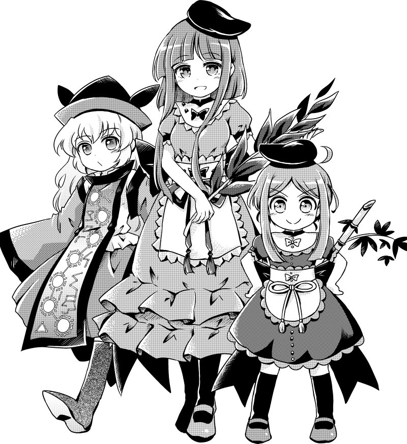 3girls age_difference ahoge apron bamboo boots bow capelet closed_mouth commentary_request constellation_print dress eyebrows_visible_through_hair full_body greyscale hands_on_hips hat holding_plant kneehighs long_hair long_sleeves mary_janes matara_okina monochrome multiple_girls myouga_(plant) nishida_satono older open_mouth pote_(ptkan) ribbon sash shirt shoes short_hair_with_long_locks short_sleeves skirt sleeves_past_wrists smile standing tabard tate_eboshi teireida_mai touhou turtleneck waist_apron white_background wide_sleeves younger