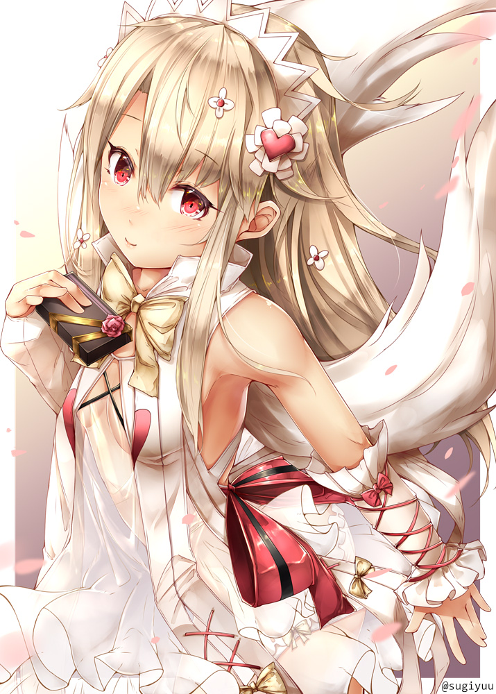 1girl bare_shoulders blonde_hair blush bow bowtie box box_of_chocolates breasts choco_angel cleavage closed_mouth detached_sleeves dress eyebrows_visible_through_hair fate/kaleid_liner_prisma_illya fate_(series) flower frilled_sleeves frills gradient gradient_background hair_ornament hairband heart_hair_ornament holding holding_box illyasviel_von_einzbern leaning_forward long_hair looking_at_viewer mismatched_sleeves nose_blush petals red_eyes red_flower red_ribbon red_rose ribbon rose see-through shiny shiny_hair short_sleeves small_breasts smile solo sugiyuu twitter_username very_long_hair white_dress white_hairband wrist_ribbon yellow_bow yellow_neckwear