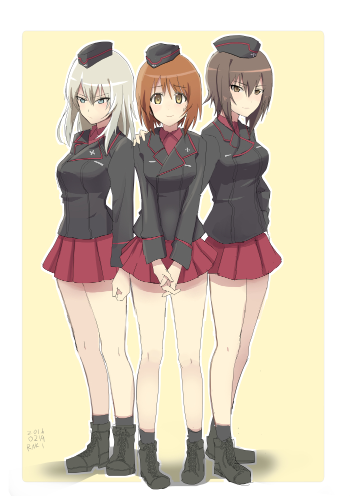 3girls ankle_boots artist_name bangs black_footwear black_hat black_jacket black_legwear blue_eyes boots brown_eyes brown_hair clenched_hand closed_mouth dated dress_shirt eyebrows_visible_through_hair frown full_body garrison_cap girls_und_panzer hand_on_another's_shoulder hand_on_hip hands_together hat interlocked_fingers itsumi_erika jacket kuromorimine_military_uniform long_hair long_sleeves looking_at_viewer looking_away military military_hat military_uniform miniskirt multiple_girls nishizumi_maho nishizumi_miho outside_border pepperoni_(girls_und_panzer) pleated_skirt raki_(kuroe) red_shirt red_skirt shirt short_hair side-by-side silver_hair sketch skirt smile socks standing sweatdrop uniform v-shaped_eyebrows wing_collar yellow_background