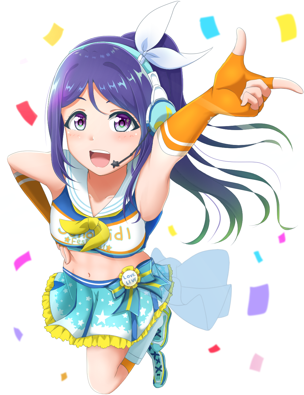 blue_hair cheerleader long_hair matsuura_kanan purple_eyes