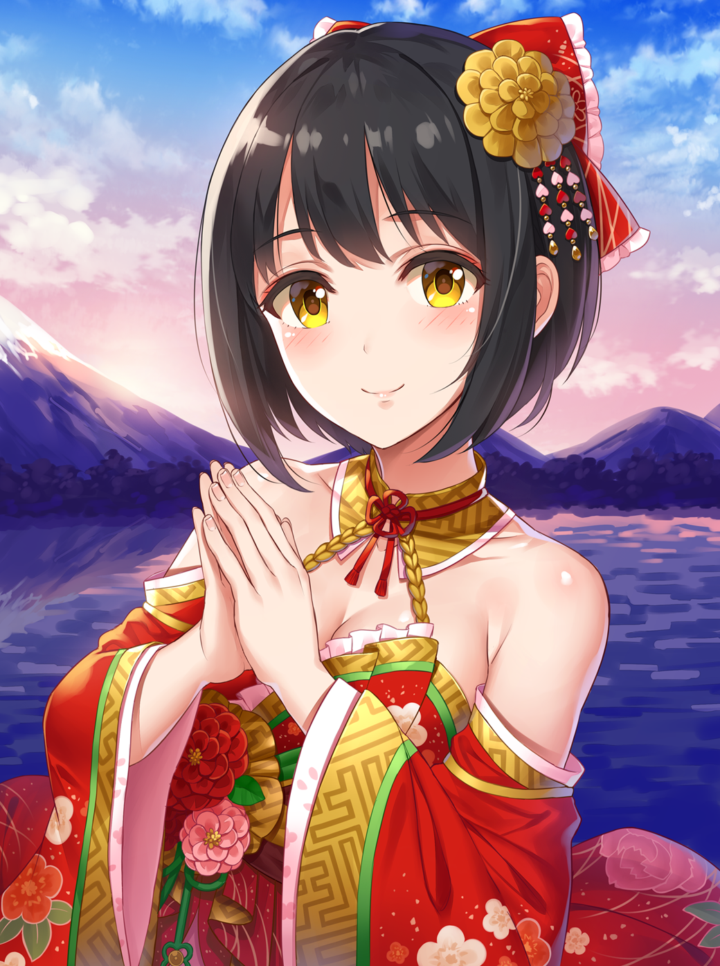 1girl backlighting bangs bare_shoulders black_hair blue_sky bow breasts cleavage collarbone detached_sleeves eyebrows_visible_through_hair fingernails flower frilled_bow frills hair_bow hair_flower hair_ornament halterneck highres idolmaster idolmaster_cinderella_girls japanese_clothes kimono lake lips long_sleeves looking_at_viewer medium_breasts morning mountain mountainous_horizon own_hands_together red_bow red_kimono shiny shiny_skin short_hair sky solo sunlight sunrise takafuji_kako tareme upper_body wide_sleeves yellow_eyes yuuhi_(ages)