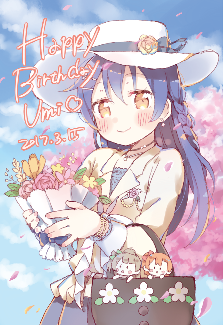 alternate_hairstyle bag bangs birthday blue_hair blush bouquet braid character_name closed_mouth commentary_request cowboy_shot dated dress eyebrows_visible_through_hair flower hair_between_eyes happy_birthday hat holding holding_bouquet jewelry kousaka_honoka long_hair long_sleeves looking_at_viewer love_live! love_live!_school_idol_festival love_live!_school_idol_project minami_kotori necklace petals shijimi_kozou smile solo_focus sonoda_umi yellow_eyes