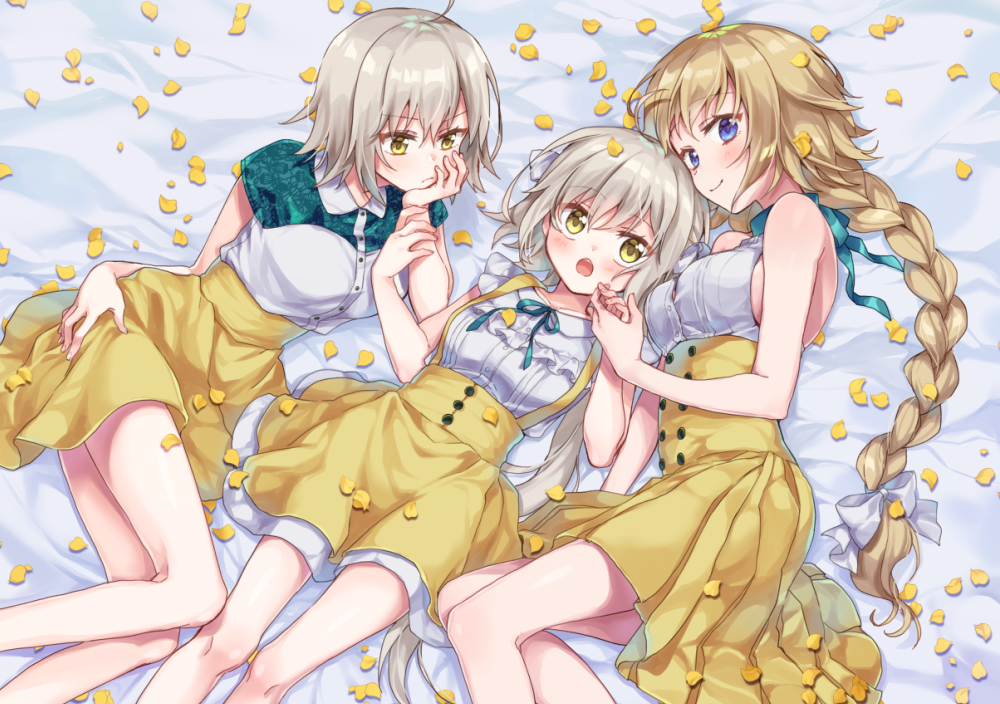 3girls blonde_hair blue_eyes blush braid chin_rest dress_shirt fate/grand_order fate_(series) from_above green_ribbon hair_ribbon hand_holding high-waist_skirt jeanne_d'arc_(alter)_(fate) jeanne_d'arc_(fate) jeanne_d'arc_(fate)_(all) jeanne_d'arc_alter_santa_lily kuroko_(krgm965) long_hair looking_at_viewer low-tied_long_hair lying multiple_girls neck_ribbon on_back on_side open_mouth petals pleated_skirt ribbon shirt single_braid skirt sleeveless sleeveless_shirt smile suspender_skirt suspenders very_long_hair white_ribbon white_shirt yellow_eyes yellow_skirt