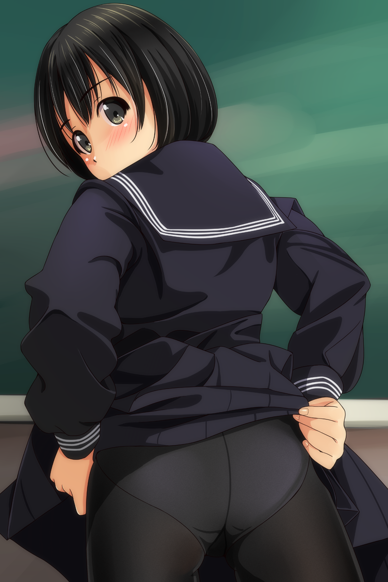 1girl ass bangs black_hair black_legwear blunt_bangs bob_cut highres lifted_by_self looking_back matsunaga_kouyou original panties panties_under_pantyhose pantyhose school_uniform serafuku short_hair skirt skirt_lift solo underwear