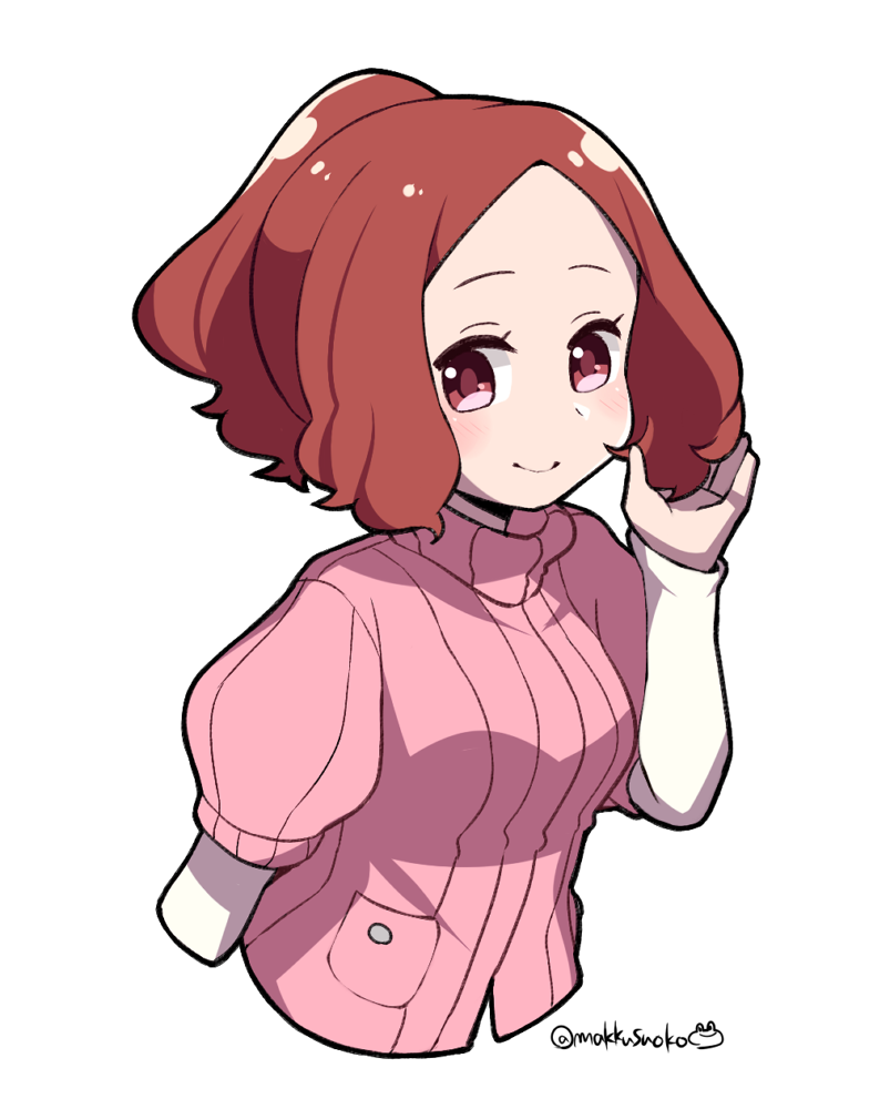 1girl alternate_hairstyle blush brown_eyes brown_hair commentary_request do_m_kaeru okumura_haru persona persona_5 pink_sweater ribbed_sweater smile solo sweater twitter_username