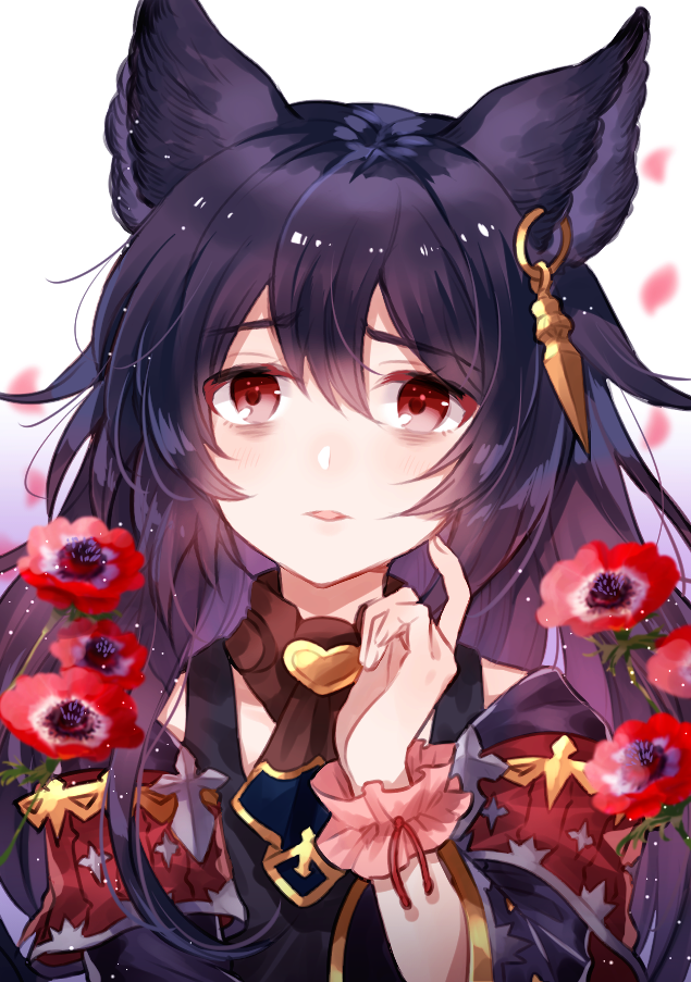 1girl bags_under_eyes black_hair commentary_request earrings erun_(granblue_fantasy) eyebrows_visible_through_hair flower frills granblue_fantasy jewelry long_hair looking_at_viewer myusha open_mouth parted_lips red_eyes revision scratching_cheek solo white_background