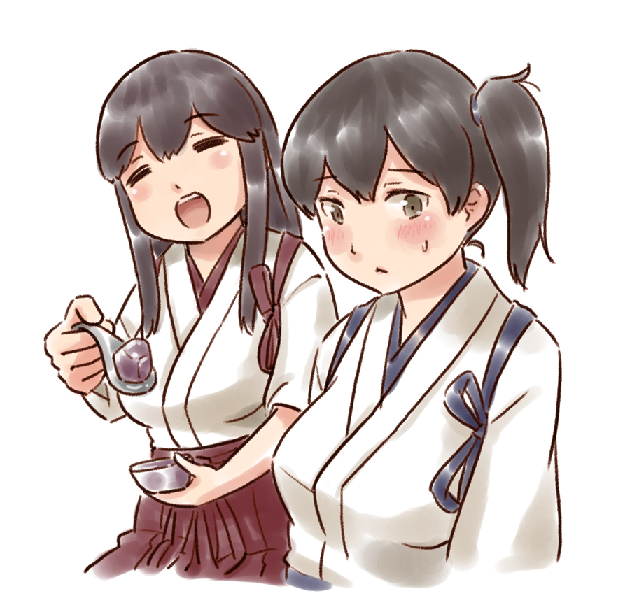 2girls akagi_(kantai_collection) blush breasts brown_eyes brown_hair closed_eyes eyebrows_visible_through_hair gelatin holding holding_spoon japanese_clothes kaga_(kantai_collection) kantai_collection karasu_(naoshow357) large_breasts long_hair looking_at_another looking_away multiple_girls open_mouth side_ponytail simple_background straight_hair tasuki upper_body white_background