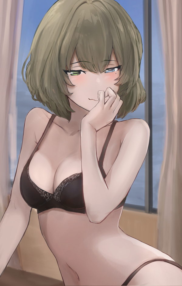 1girl bikini green_hair heterochromia idolmaster idolmaster_cinderella_girls short_hair takagaki_kaede