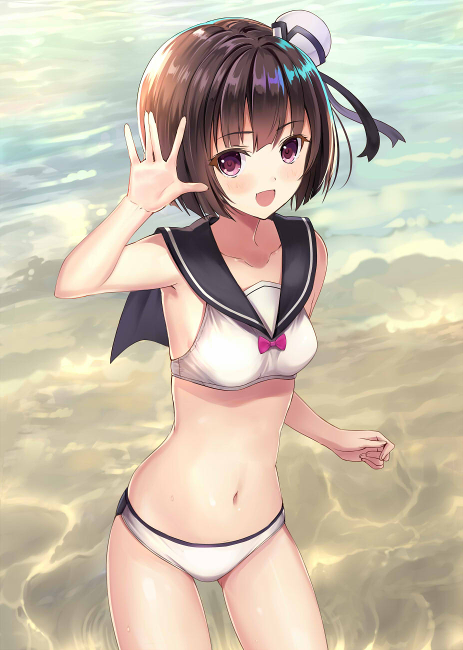 1girl :d arm_up armpits bangs bare_arms bare_shoulders bikini black_sailor_collar blunt_bangs blush breasts brown_hair collarbone cowboy_shot day eyebrows_visible_through_hair hat highres legs_apart mini_hat navel ocean open_mouth original outdoors sailor_bikini sailor_collar shiny shiny_skin short_hair small_breasts smile solo stomach sunlight swimsuit thighs tsumiwara violet_eyes water water_drop white_bikini white_hat