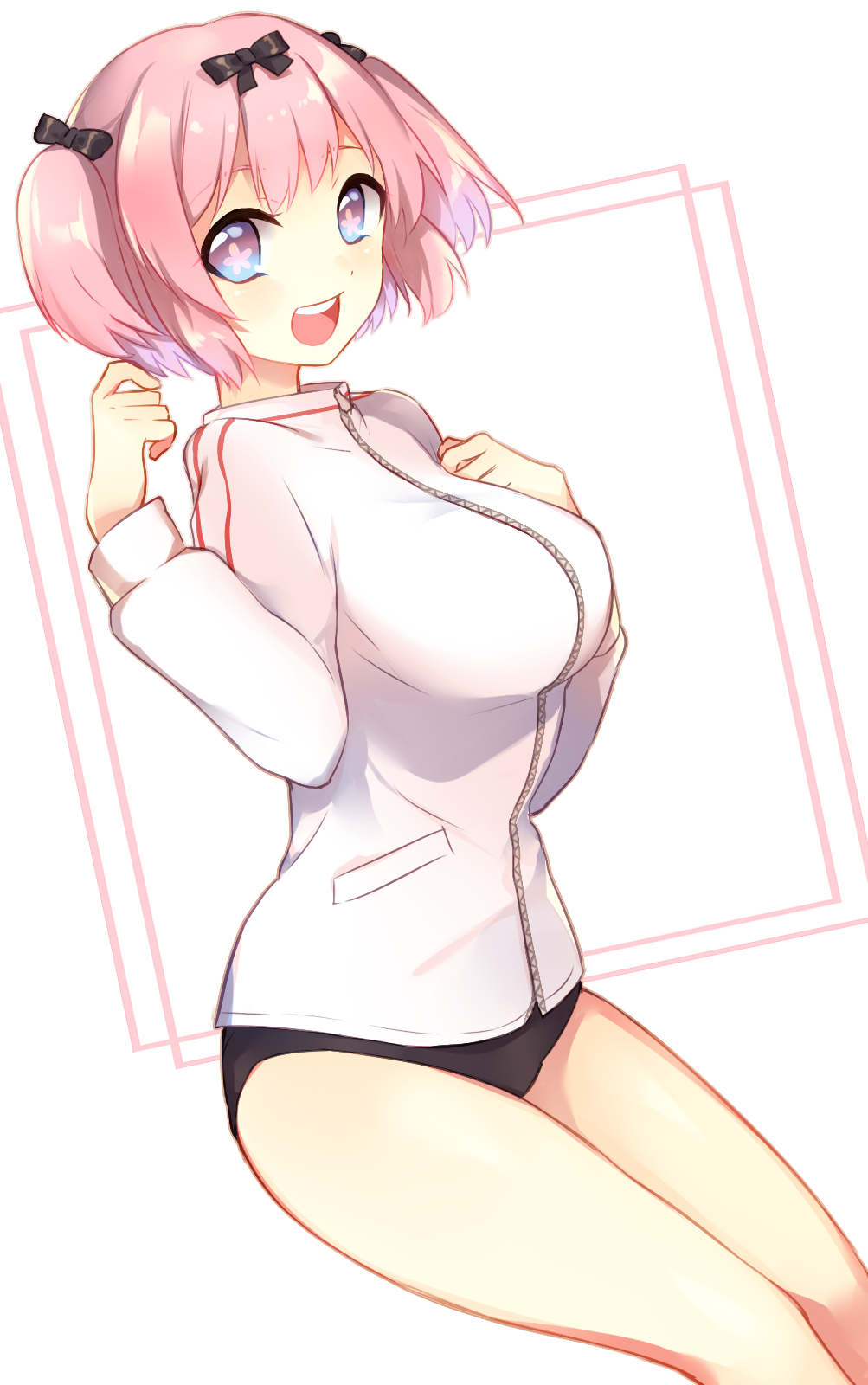 1girl :d bangs black_bow black_buruma blue_eyes blush bow breasts buruma commentary_request eyebrows_visible_through_hair flower-shaped_pupils hair_bow hand_on_own_chest hands_up hibari_(senran_kagura) highres jacket large_breasts leafwow long_sleeves looking_at_viewer open_mouth pink_hair senran_kagura_(series) senran_kagura_new_wave smile solo two_side_up white_jacket