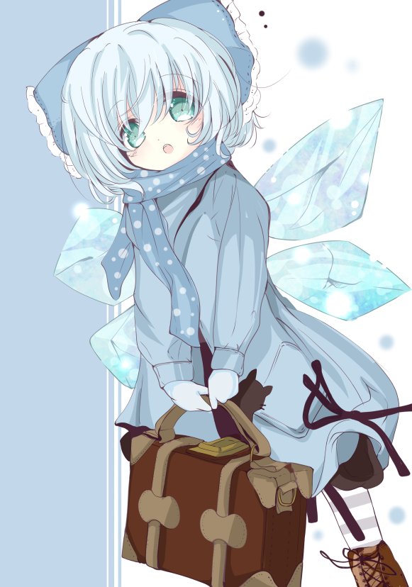 1girl alternate_costume animal_print aqua_hair bag black_ribbon blue_bow blue_coat bow cat_print cirno commentary_request gloves green_eyes hair_bow ice ice_wings inasa_orange looking_at_viewer open_mouth polka_dot ribbon scarf shoes socks solo striped striped_legwear touhou wings