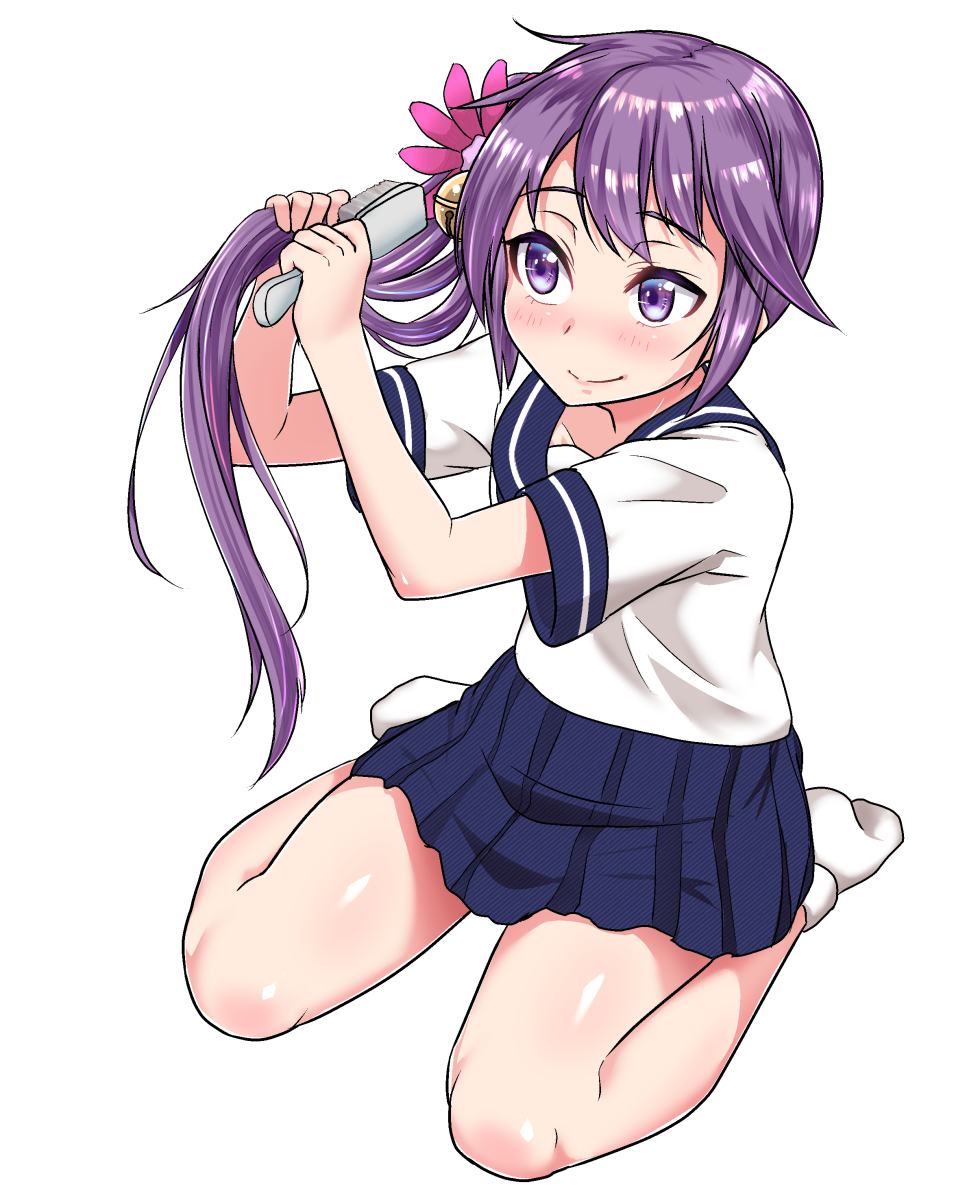 1girl adjusting_hair akebono_(kantai_collection) bell comb commentary_request evo_(pixiv13178077) flower hair_flower hair_ornament highres holding kantai_collection long_hair purple_hair school_uniform serafuku side_ponytail simple_background sitting smile solo violet_eyes wariza