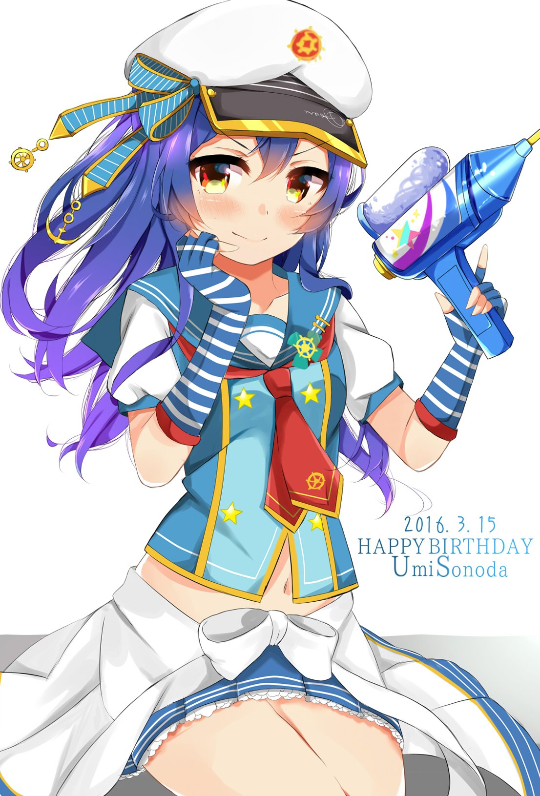 1girl bangs birthday blue_gloves blue_hair blush character_name closed_mouth clothes_around_waist commentary_request cowboy_shot dated dorisu2 dress eyebrows_visible_through_hair fingerless_gloves gloves gun hair_between_eyes hand_on_own_cheek happy_birthday hat highres holding jacket_around_waist long_hair looking_at_viewer love_live! love_live!_school_idol_festival love_live!_school_idol_project navel neckerchief pleated_skirt sailor_collar sailor_dress simple_background sitting skirt smile solo sonoda_umi star toy_gun water_gun weapon white_background yellow_eyes
