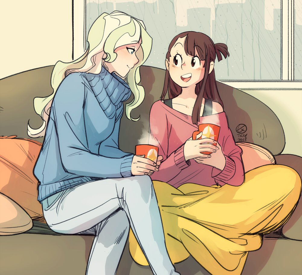 2girls blanket coffee_mug couch diana_cavendish hot_drink kagari_atsuko little_witch_academia multiple_girls rain sweater ticcy