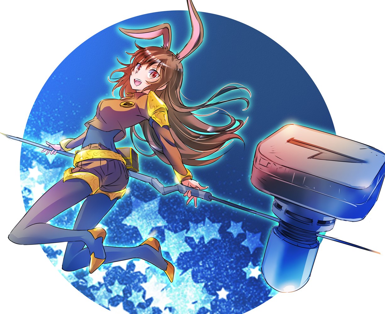 1girl animal_ears brown_eyes brown_hair bunny_girl iesupa rabbit_ears rwby shorts solo thigh-highs velvet_scarlatina warhammer weapon