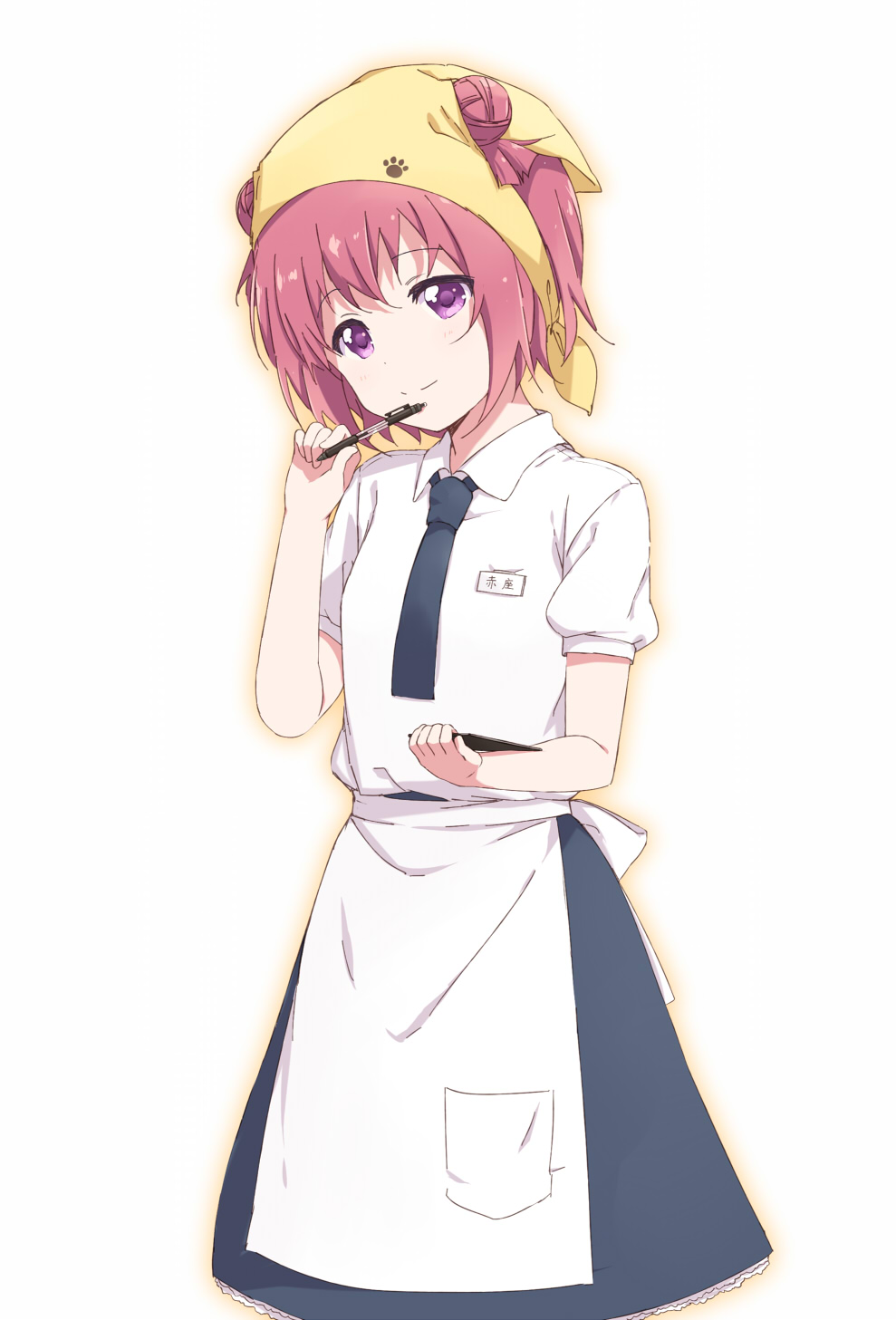 1girl akaza_akari apron double_bun hair_bun highres looking_at_viewer name_tag necktie pen puffy_short_sleeves puffy_sleeves redhead shikou_sakugo_(qqap9gt9k) short_sleeves simple_background smile solo violet_eyes waist_apron waitress white_background yuru_yuri