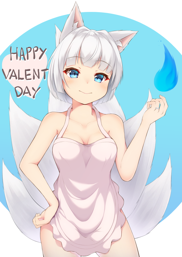 1girl alternate_costume animal_ears apron azur_lane bangs bare_arms bare_shoulders blue_eyes blue_fire blunt_bangs blush breasts cleavage closed_mouth contrapposto cowboy_shot eyebrows_visible_through_hair fire flame fox_ears fox_tail hand_on_hip happy_valentine heart jewelry kaga_(azur_lane) ketsujou_nora kitsune legs_apart looking_at_viewer medium_breasts multiple_tails naked_apron pink_apron ring silver_hair smile solo standing surprised tail two-tone_background wedding_band