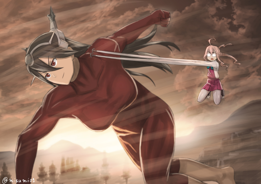 &gt;:o &gt;:| 2girls ahoge anchor black_hair bodysuit commentary_request giantess glasses headgear kantai_collection long_hair long_sleeves makigumo_(kantai_collection) misumi_(niku-kyu) multiple_girls nagato_(kantai_collection) pantyhose parody pink_hair red_eyes shingeki_no_kyojin size_difference sleeves_past_wrists smile titan_(shingeki_no_kyojin) v-shaped_eyebrows