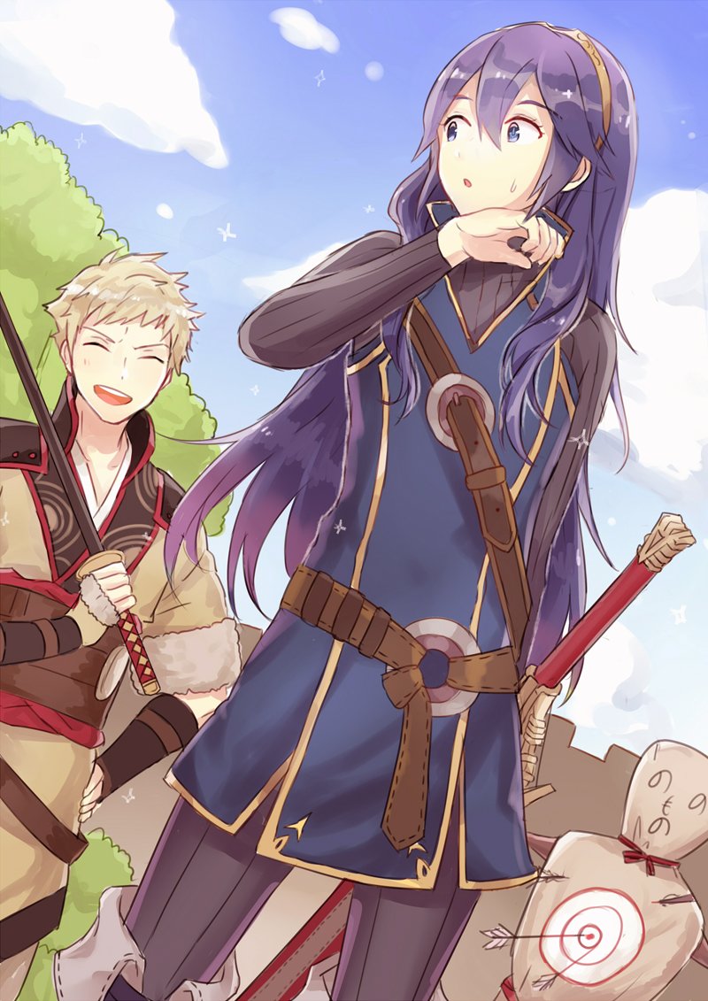 1boy 1girl blonde_hair blue_eyes blue_hair cape dinikee eudes_(fire_emblem) falchion_(fire_emblem) fire_emblem fire_emblem:_kakusei long_hair lucina short_hair sky smile sword tiara weapon