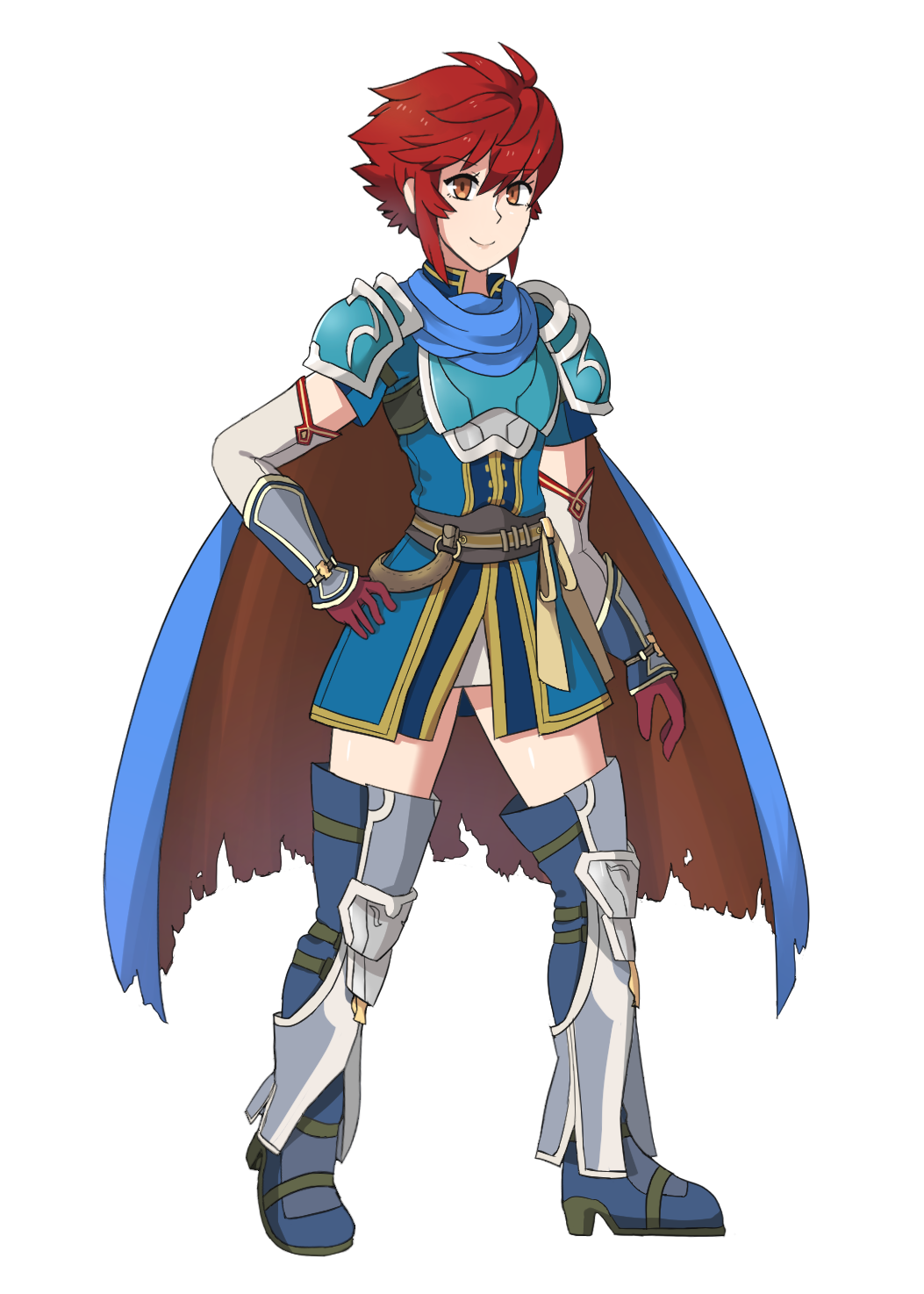 1girl armor blue_eyes blue_hair cape cosplay fire_emblem fire_emblem:_fuuin_no_tsurugi fire_emblem_heroes fire_emblem_if full_body gloves highres hinoka_(fire_emblem_if) looking_at_viewer red_eyes redhead roy_(fire_emblem) roy_(fire_emblem)_(cosplay) sarukaiwolf short_hair simple_background smile solo white_background