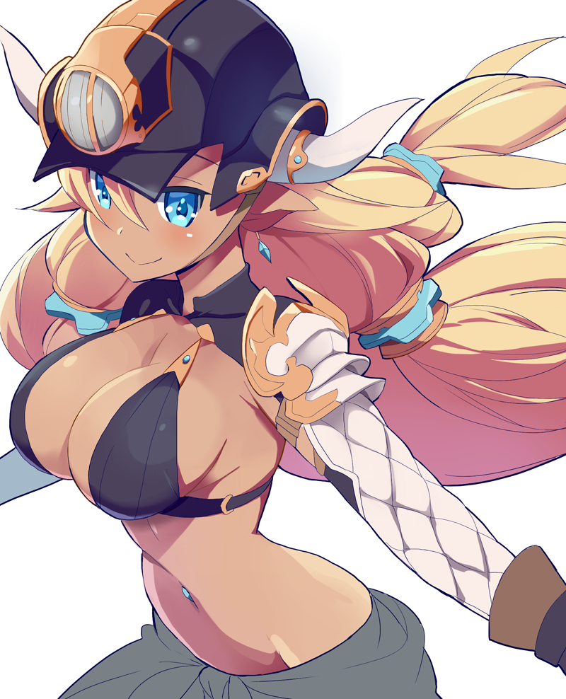 1girl 9law almeida_(granblue_fantasy) bikini_top blonde_hair blue_eyes breasts character_request cleavage closed_mouth copyright_request dark_skin earrings granblue_fantasy helmet horns jewelry long_hair looking_at_viewer medium_breasts navel_piercing piercing pointy_ears simple_background smile solo twintails white_background