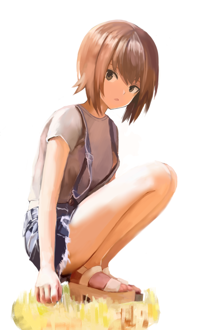 1girl akira_(aristole) arm_support bangs brown_eyes brown_hair casual cutoffs denim from_side full_body girls_und_panzer grey_shirt looking_at_viewer nishizumi_maho overalls parted_lips sandals shirt short_hair short_sleeves simple_background solo squatting t-shirt white_background white_footwear