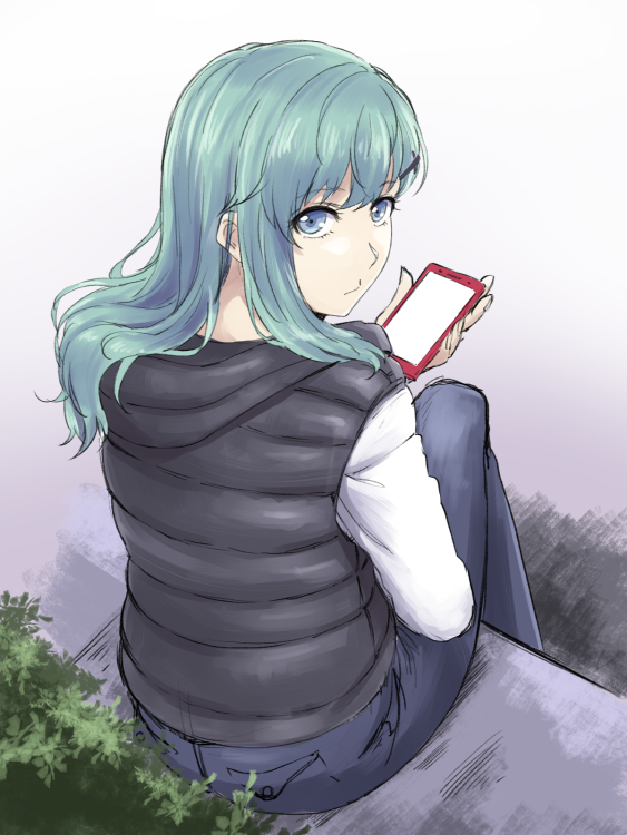 1girl alternate_costume blue_pants cellphone commentary_request green_eyes green_hair holding holding_phone ishii_hisao kantai_collection long_hair long_sleeves pants phone sitting smartphone solo suzuya_(kantai_collection)