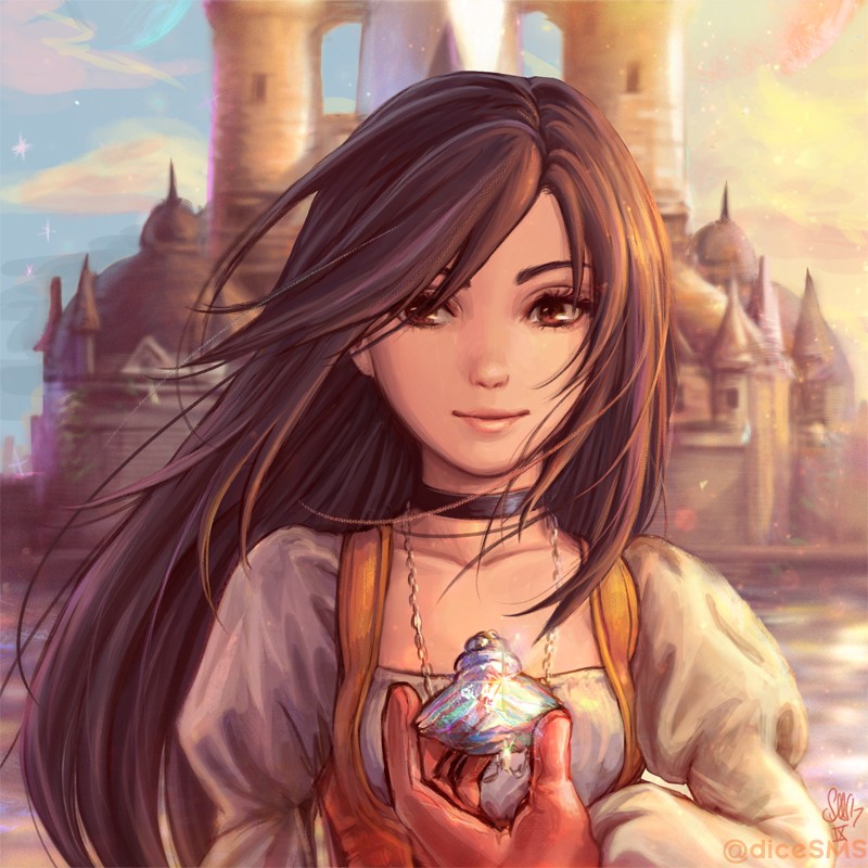 1girl brown_eyes brown_hair building choker collarbone commentary day dicesms final_fantasy final_fantasy_ix garnet_til_alexandros_xvii gloves jewelry lips long_hair looking_at_viewer outdoors pendant smile solo upper_body wind