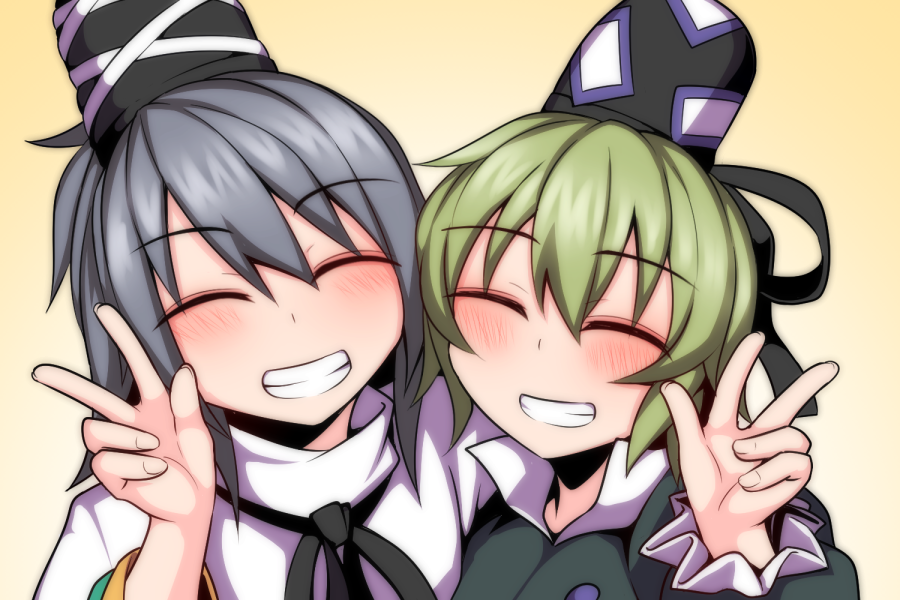 2girls blush closed_eyes green_hair grey_hair hat kuroba_rapid long_sleeves mononobe_no_futo multiple_girls smile soga_no_tojiko tate_eboshi touhou upper_body v yellow_background