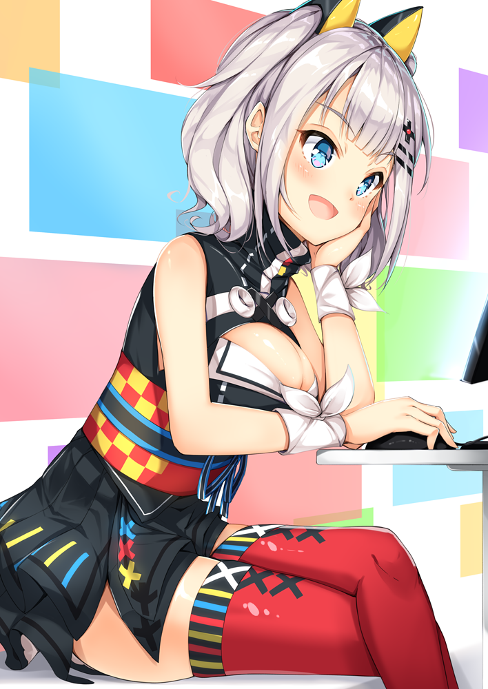 1girl :d animal_ears arm_support bangs black_dress blue_eyes blunt_bangs blush breasts cat_ears checkered cleavage cleavage_cutout computer_mouse desktop dress eyebrows_visible_through_hair fake_animal_ears feet_out_of_frame hand_on_own_cheek kaguya_luna kaguya_luna_(character) large_breasts legs_crossed multicolored multicolored_background obi open_mouth red_legwear ribbon sash shiero. shiny shiny_hair short_dress short_hair short_twintails silver_hair sitting skindentation sleeveless sleeveless_dress smile solo sweatband thigh-highs twintails virtual_youtuber white_ribbon zettai_ryouiki