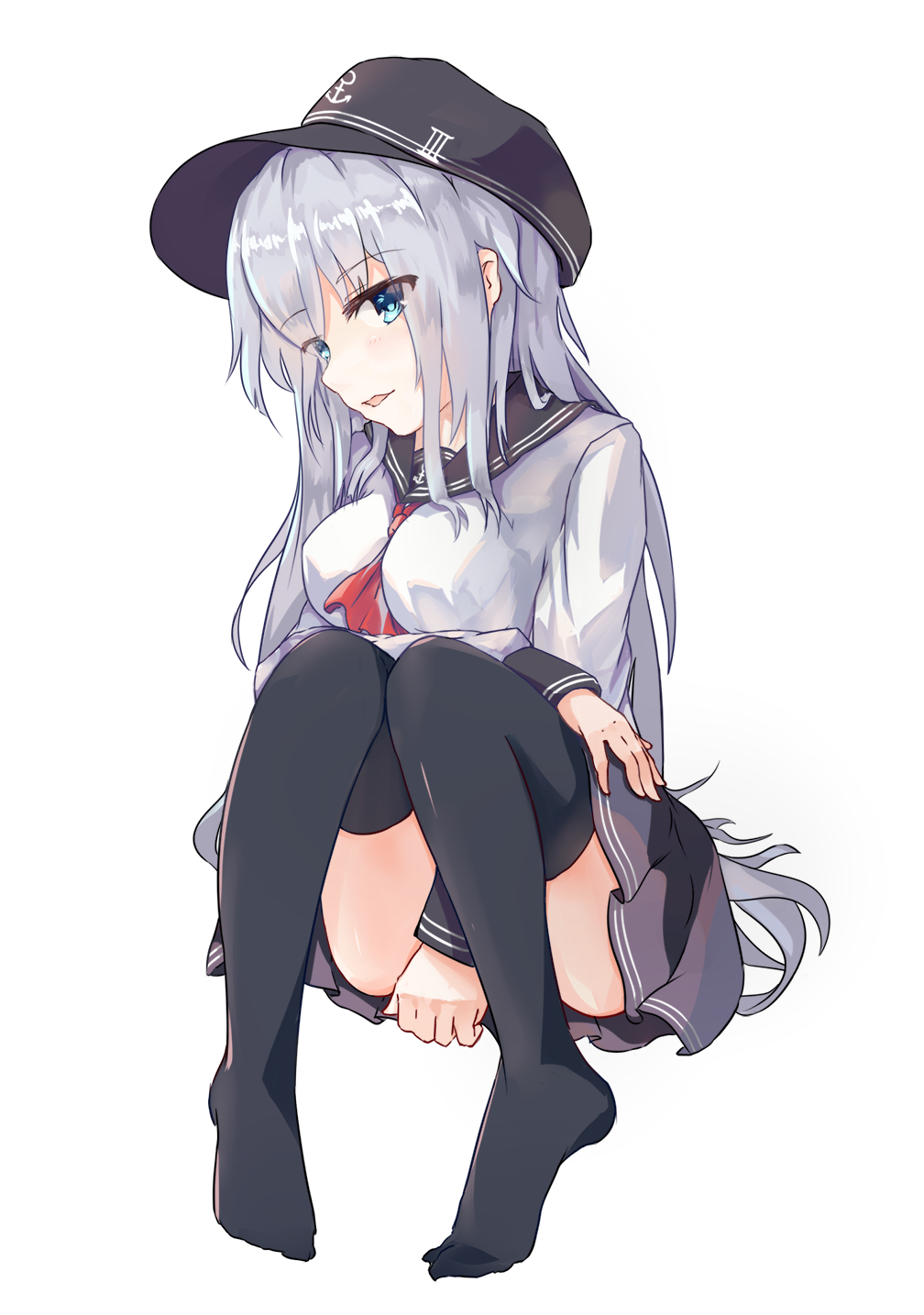 1girl anchor_symbol between_legs black_hat black_legwear black_skirt blue_eyes eyebrows_visible_through_hair full_body hand_between_legs hat head_tilt hibiki_(kantai_collection) highres kantai_collection long_hair looking_at_viewer miniskirt neckerchief pleated_skirt red_neckwear school_uniform serafuku shinsoyori shirt silver_hair simple_background sitting skirt smile solo thigh-highs very_long_hair white_background white_shirt zettai_ryouiki