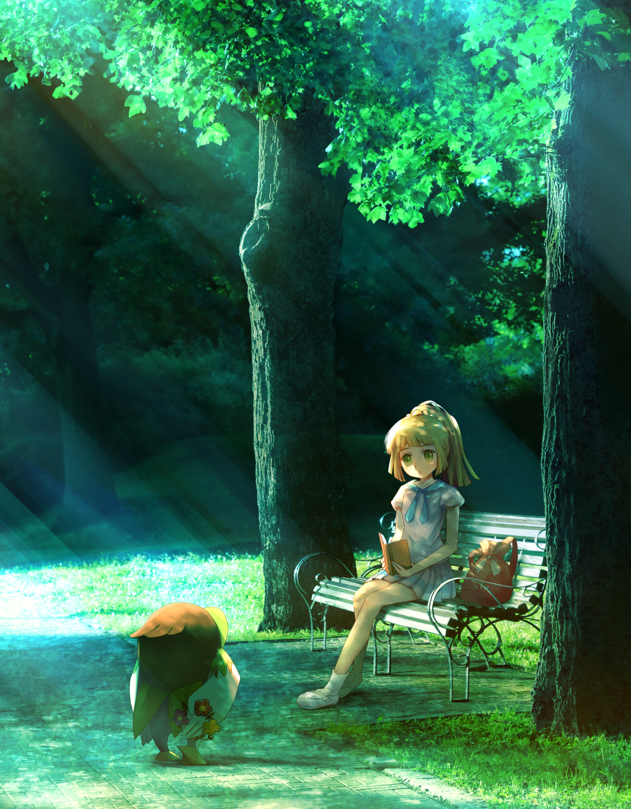 1girl backpack backpack_removed bag bangs bare_arms bare_legs bench blonde_hair blue_neckwear blunt_bangs book braid commentary_request dappled_sunlight dartrix day flower french_braid grass green_eyes holding holding_book leaf light_rays lillie_(pokemon) long_hair looking_at_another miniskirt open_book outdoors park_bench parted_lips pokemon pokemon_(creature) pokemon_(game) pokemon_sm ponytail puffy_short_sleeves puffy_sleeves purple_flower red_flower ribero shirt shoes short_sleeves sitting skirt socks sunlight tree white_footwear white_legwear white_shirt white_skirt yellow_flower