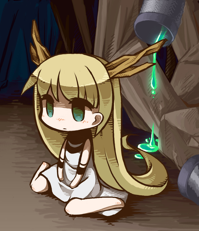 1girl blonde_hair commentary_request dress green_eyes horns htol#niq:_hotaru_no_nikki long_hair mion_(htol#niq) pipes rukani shaded_face sitting solo very_long_hair wariza white_dress