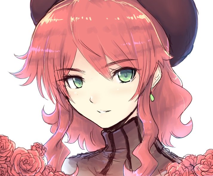 1girl beret cat_with_a_brush earrings flower green_eyes hat jewelry pyrrha_nikos redhead rose rwby smile solo