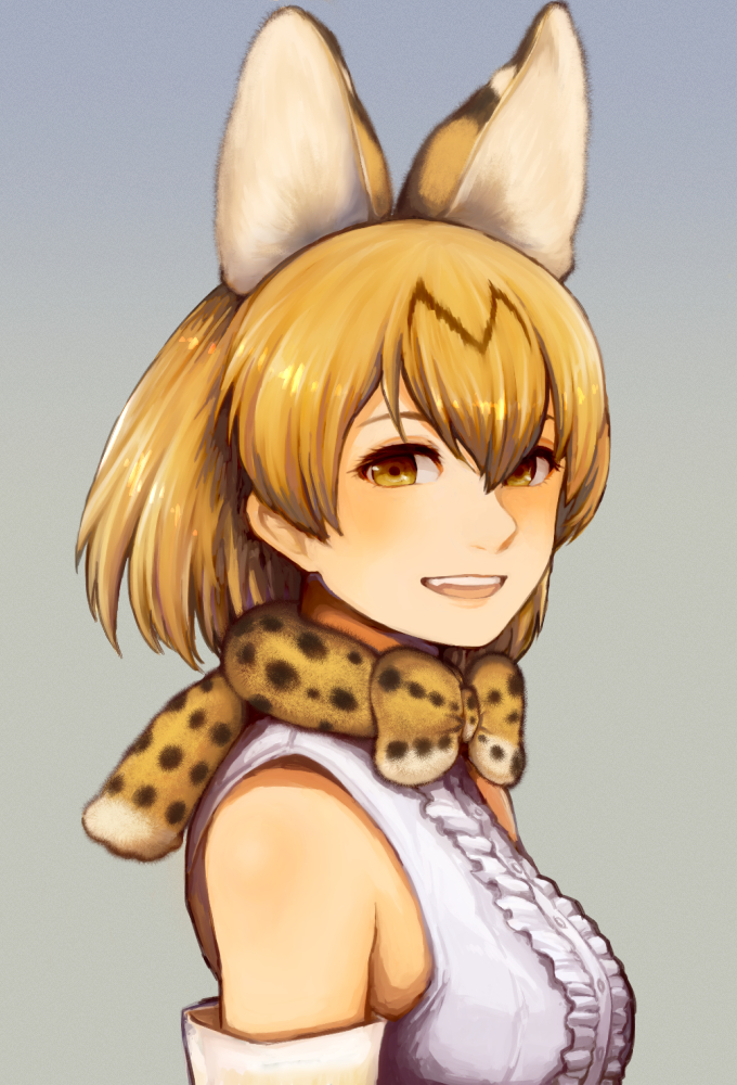 1girl animal_ears arms_at_sides bare_shoulders blonde_hair bow bowtie elbow_gloves extra_ears frills from_side gloves hair_between_eyes kemono_friends looking_at_viewer looking_to_the_side open_mouth scarf serval_(kemono_friends) serval_ears serval_print seu_(limestone) shirt short_hair sleeveless sleeveless_shirt solo upper_body yellow_eyes