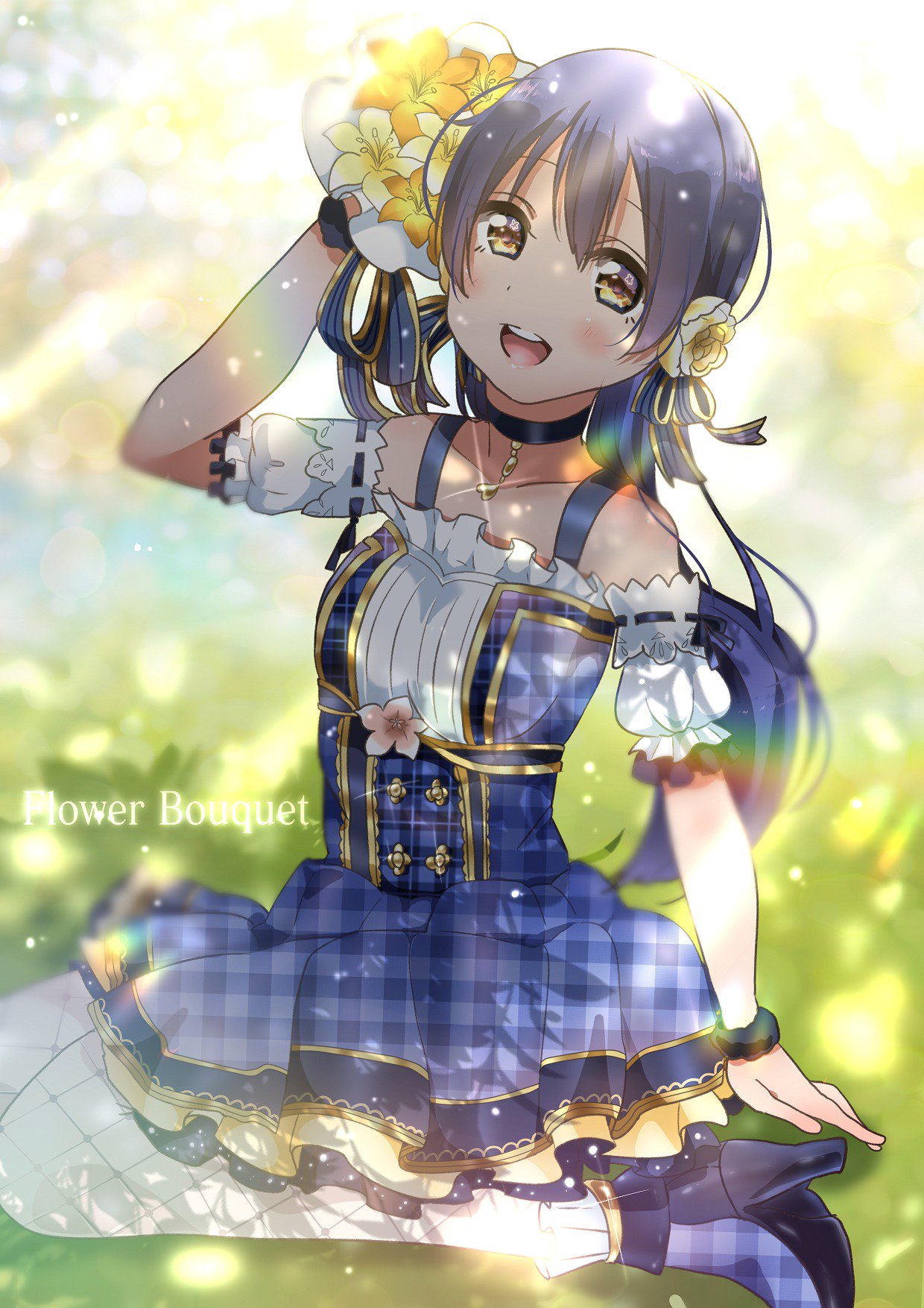 1girl arm_support arm_up bangs bare_shoulders blush bouquet choker commentary_request eyebrows_visible_through_hair flower hair_between_eyes hair_flower hair_ornament highres holding holding_bouquet long_hair looking_at_viewer love_live! love_live!_school_idol_festival love_live!_school_idol_project open_mouth panda_copt plaid plaid_skirt pleated_skirt sitting skirt smile solo sonoda_umi text thigh-highs wariza white_legwear wristband