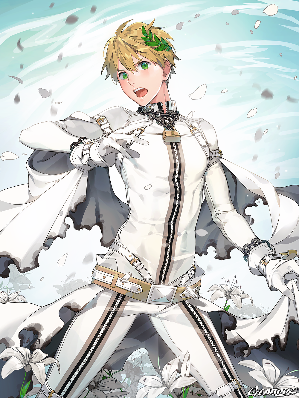 1boy artist_name blonde_hair bodysuit chains cosplay fate/extra fate/extra_ccc fate/prototype fate_(series) flower gearous gloves green_eyes highres laurel_crown lily_(flower) lock male_focus nero_claudius_(bride)_(fate) nero_claudius_(bride)_(fate)_(cosplay) nero_claudius_(fate)_(all) open_mouth padlock petals saber_(fate/prototype) veil white_gloves zipper